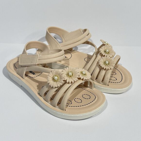 Other - Girls PVC Sandals Size 12 Beige Floral Pearl Non-Slip Summer Shoes Hook & Loop